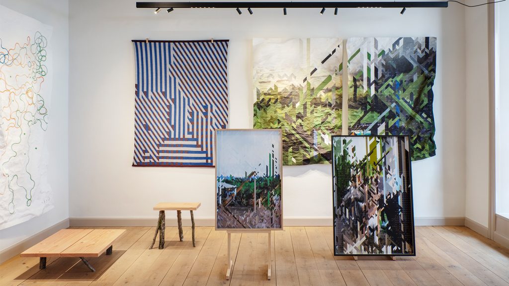 The Impossible series-Installation by Erwan Bouroullec. Knitted Wallhangngs, Canvas Wallhangngs, Limited Edition prints and wooden bespoke furnitures.